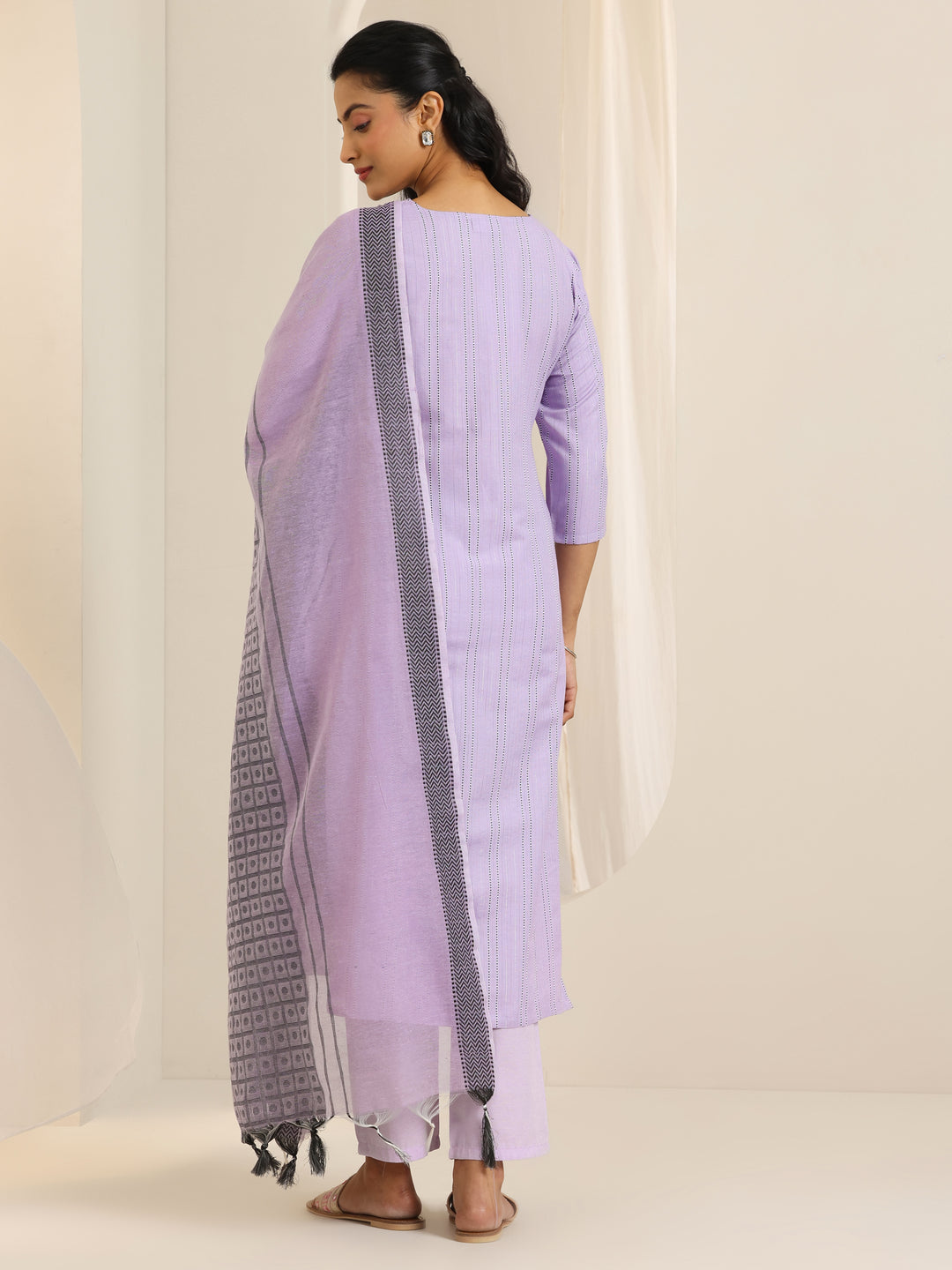 Lavender Woven Design Cotton Blend Straight Suit Set With Dupatta