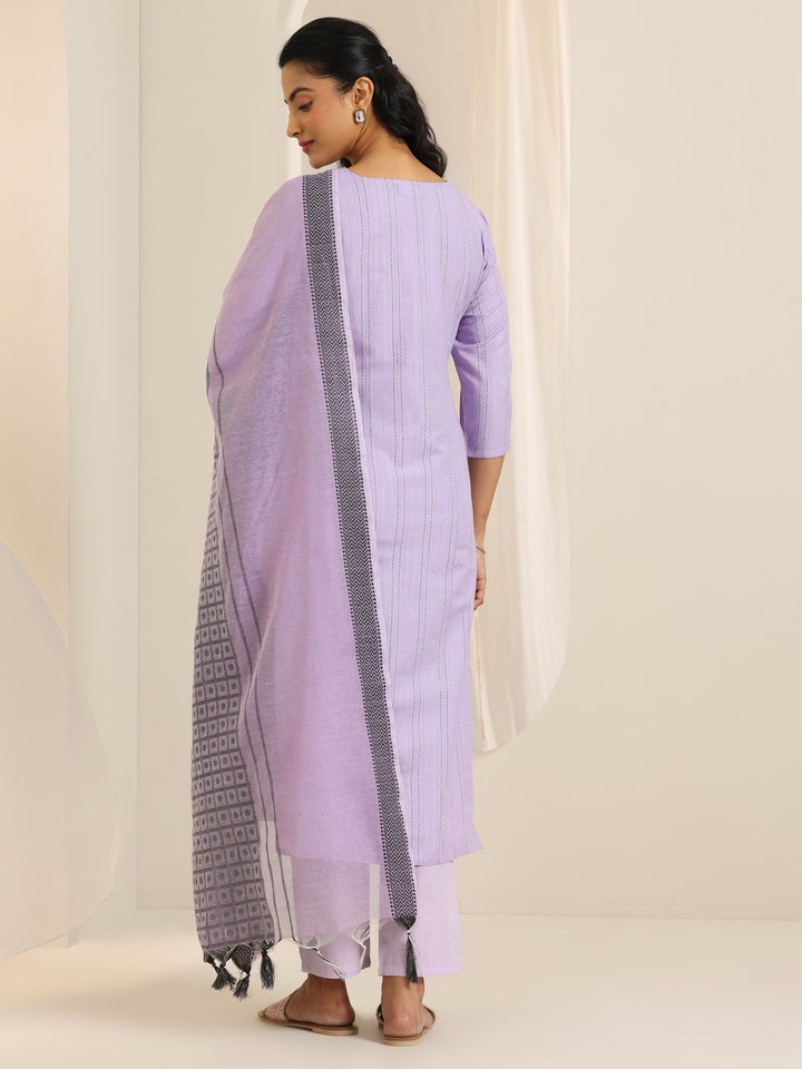 Lavender Woven Design Cotton Blend Straight Suit Set With Dupatta