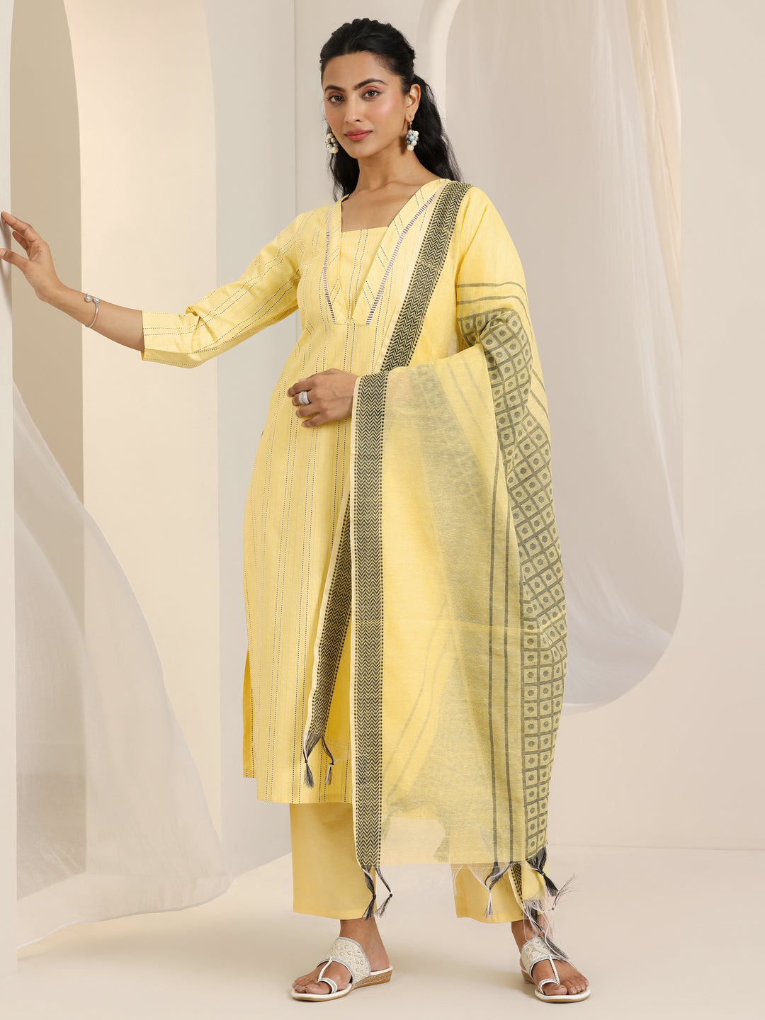 Yellow Woven Design Cotton Blend Straight Suit Set With Dupatta