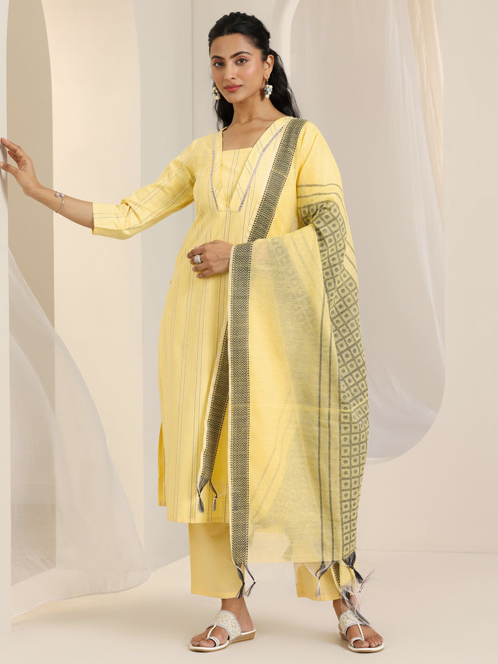 Yellow Woven Design Cotton Blend Straight Suit Set With Dupatta