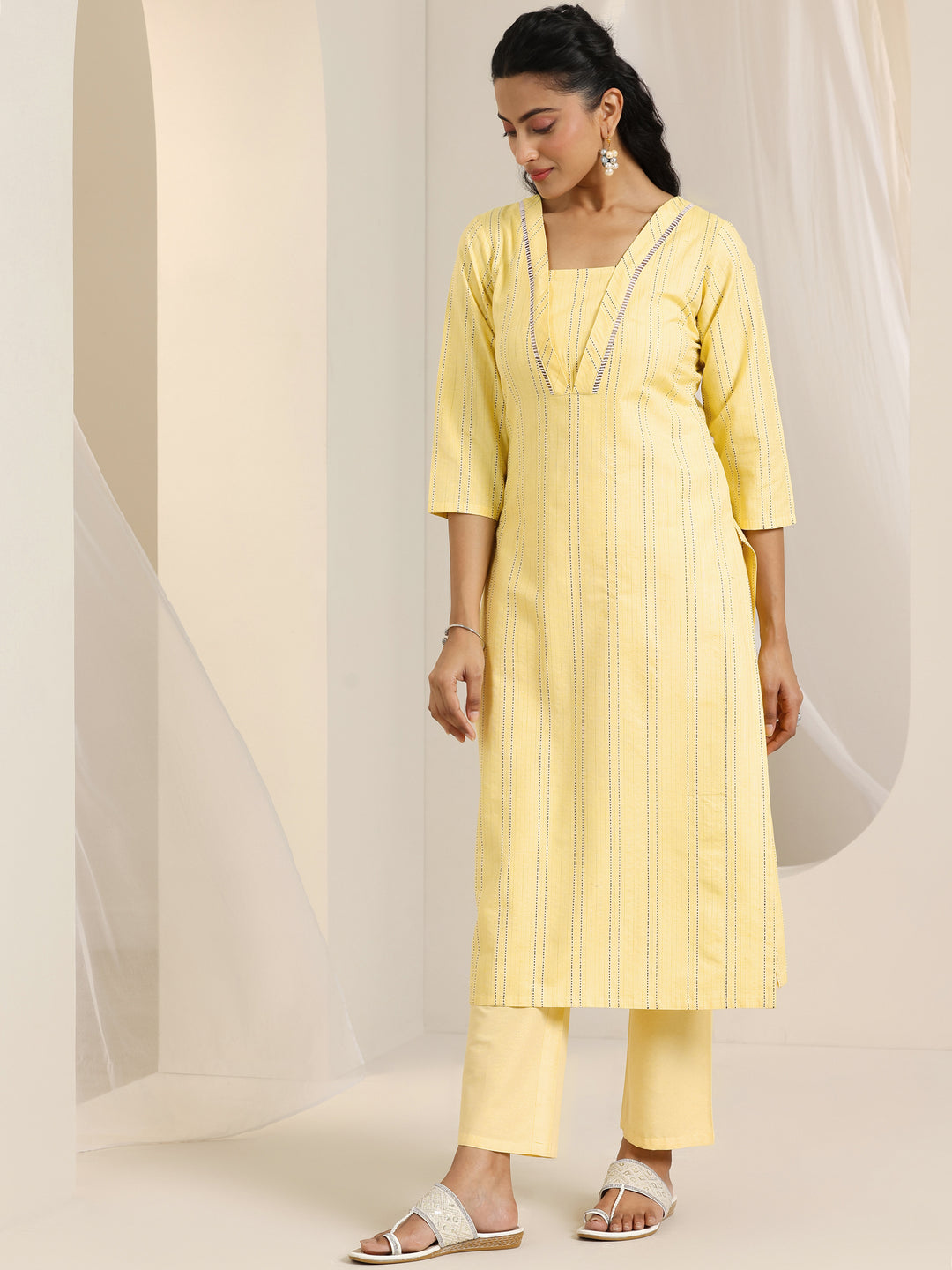 Yellow Woven Design Cotton Blend Straight Suit Set With Dupatta