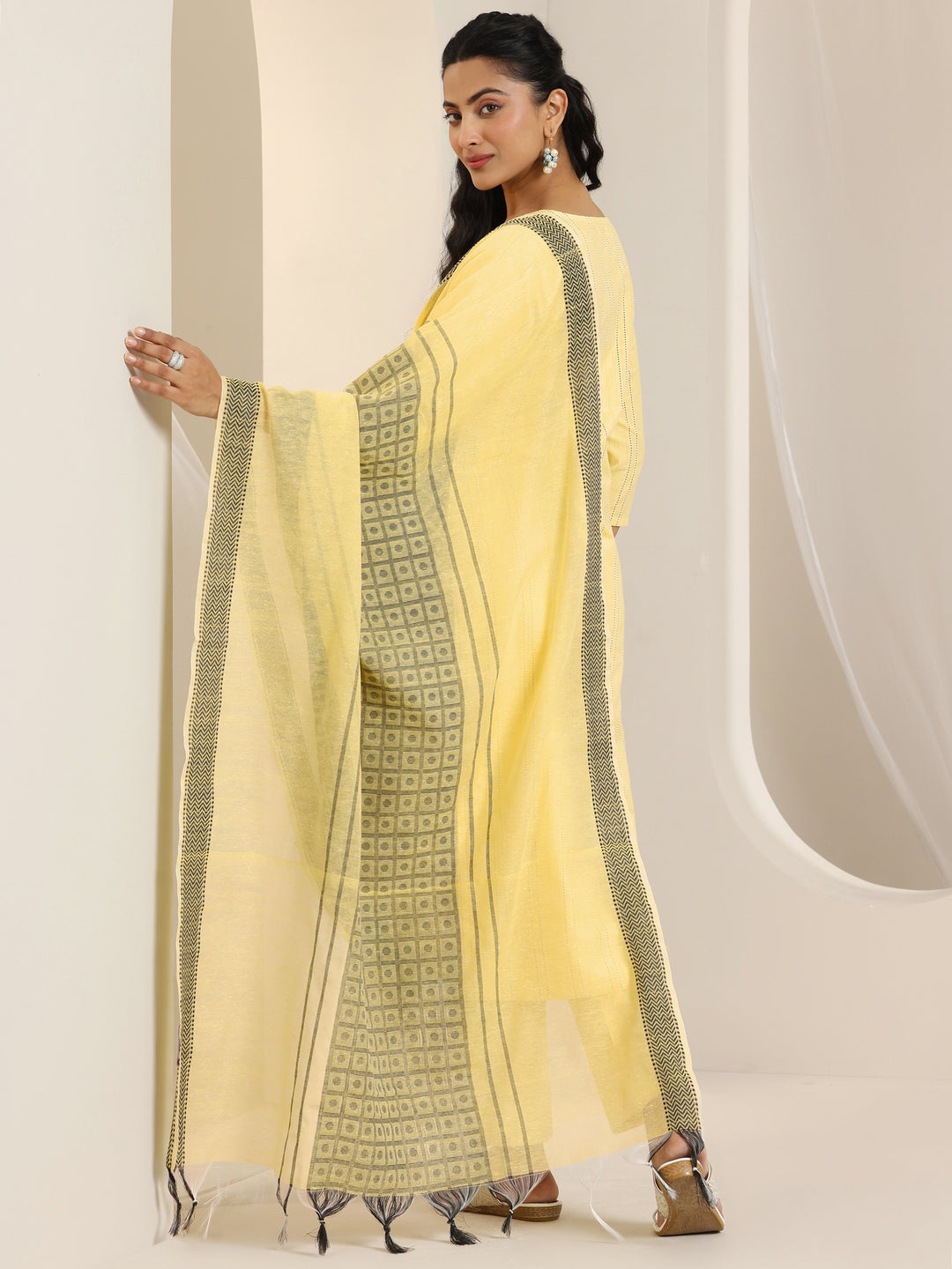 Yellow Woven Design Cotton Blend Straight Suit Set With Dupatta