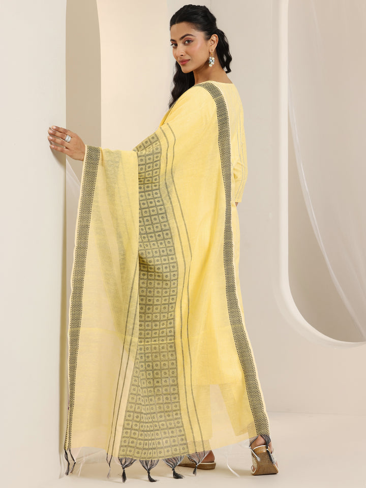 Yellow Woven Design Cotton Blend Straight Suit Set With Dupatta