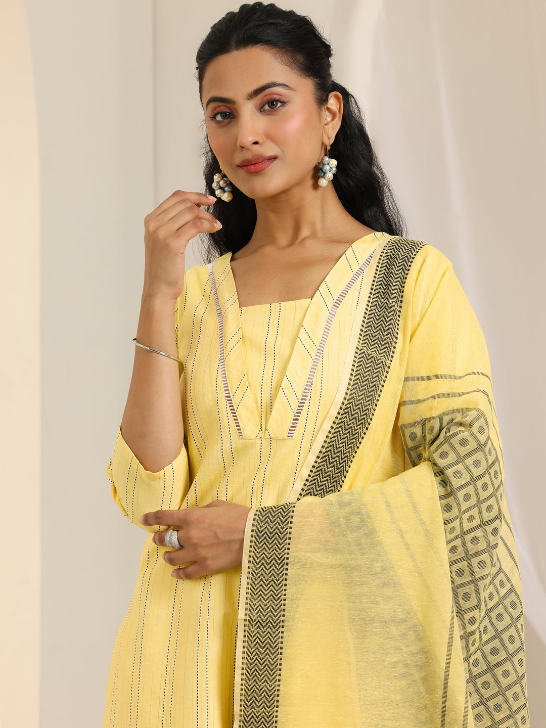 Yellow Woven Design Cotton Blend Straight Suit Set With Dupatta