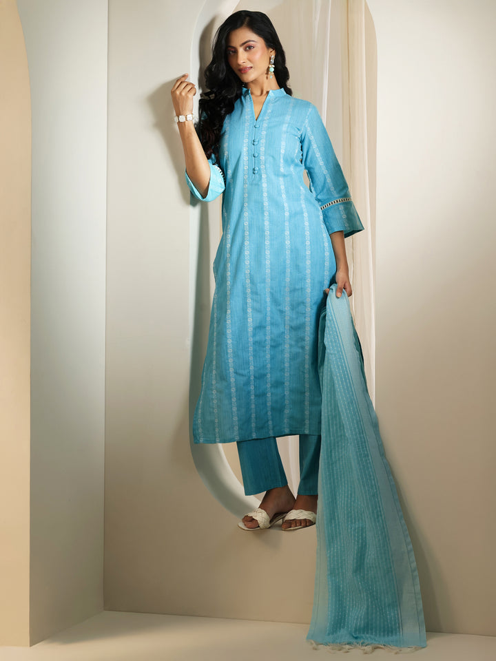 Blue Woven Design Cotton Blend Straight Suit Set With Dupatta