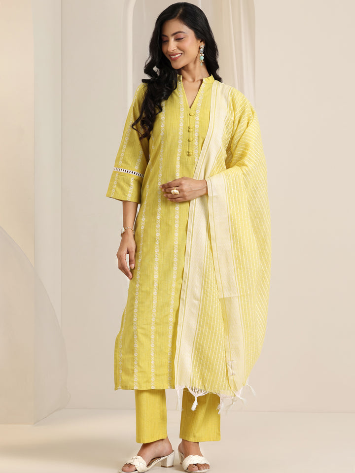 Yellow Woven Design Cotton Blend Straight Suit Set With Dupatta