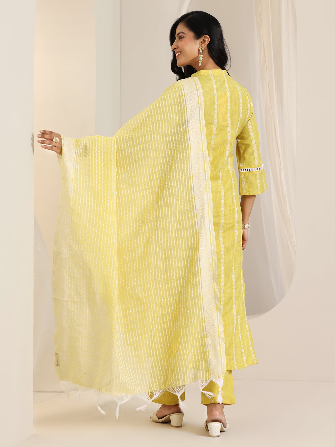 Yellow Woven Design Cotton Blend Straight Suit Set With Dupatta