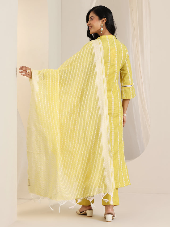 Yellow Woven Design Cotton Blend Straight Suit Set With Dupatta