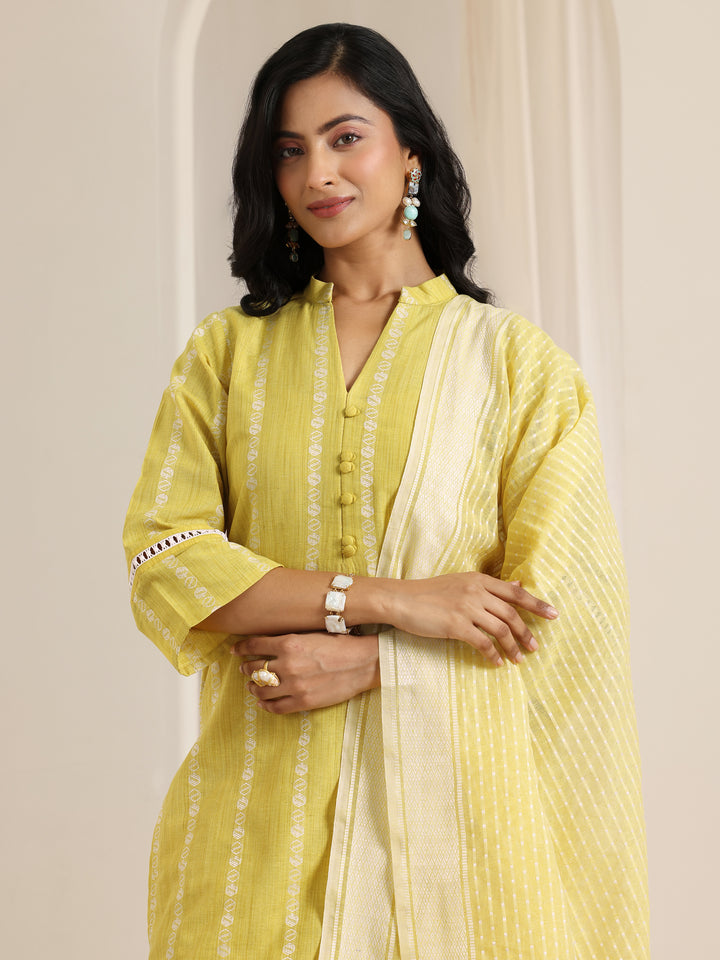 Yellow Woven Design Cotton Blend Straight Suit Set With Dupatta