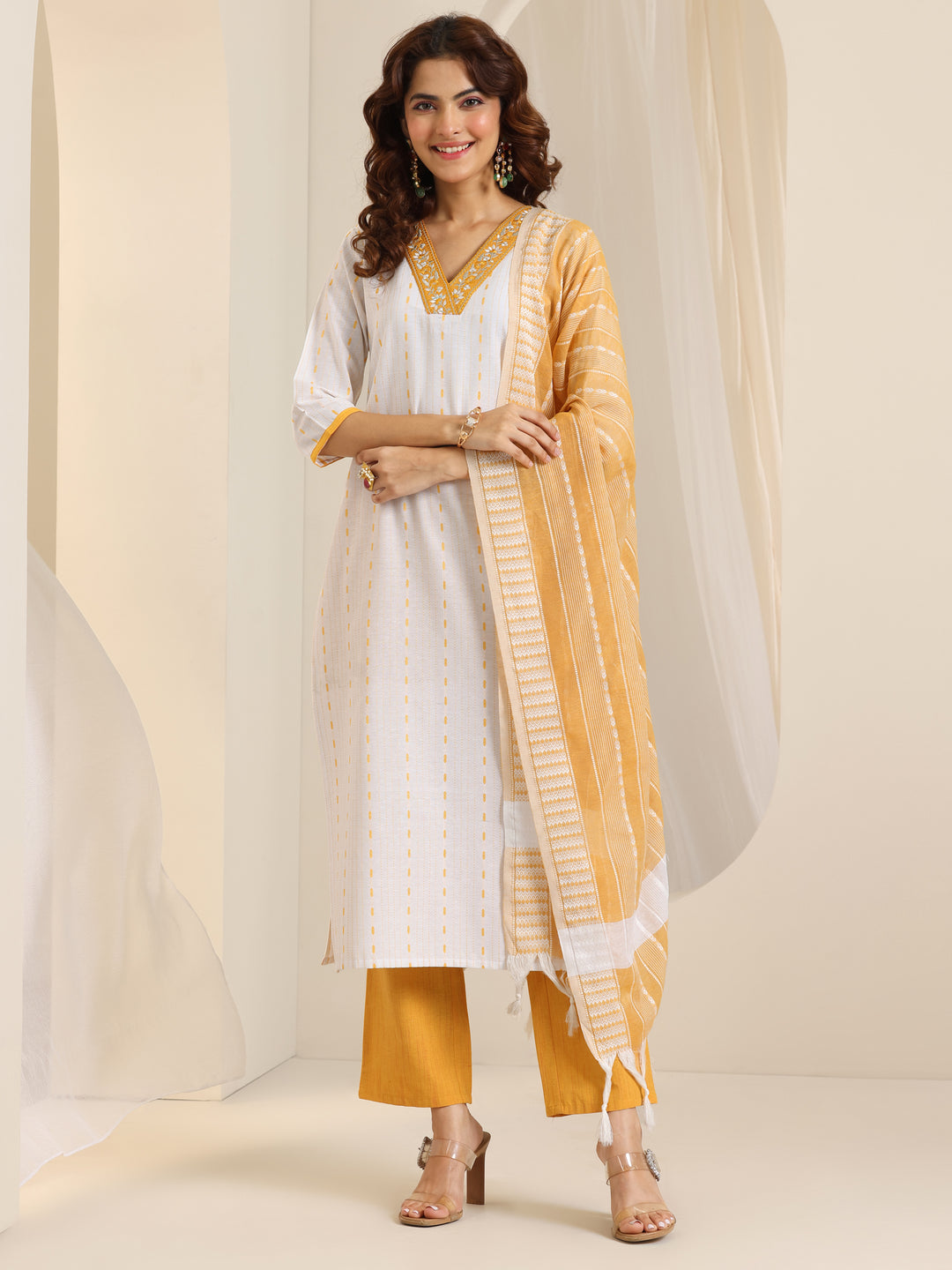 White Woven Design Cotton Blend Straight Suit Set With Dupatta