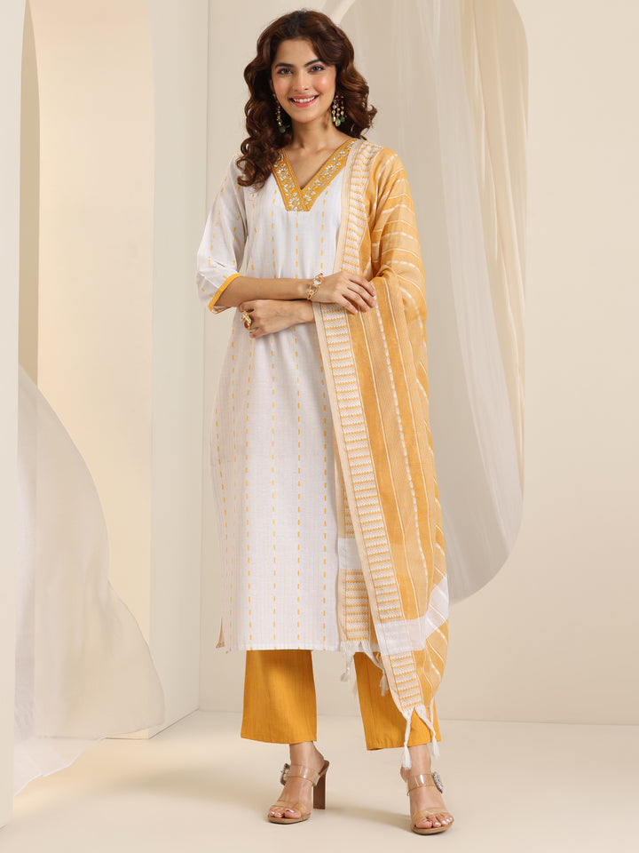 White Woven Design Cotton Blend Straight Suit Set With Dupatta