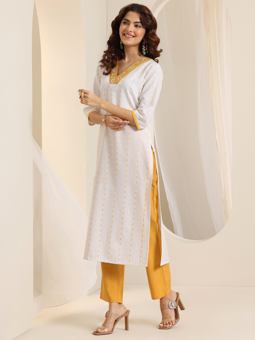White Woven Design Cotton Blend Straight Suit Set With Dupatta