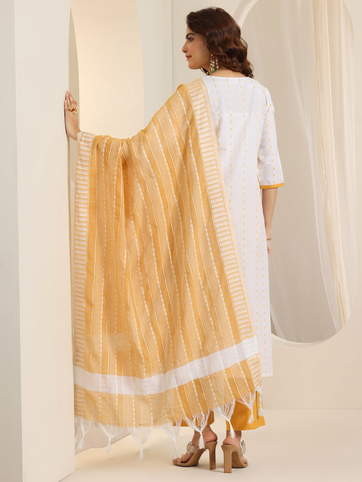 White Woven Design Cotton Blend Straight Suit Set With Dupatta