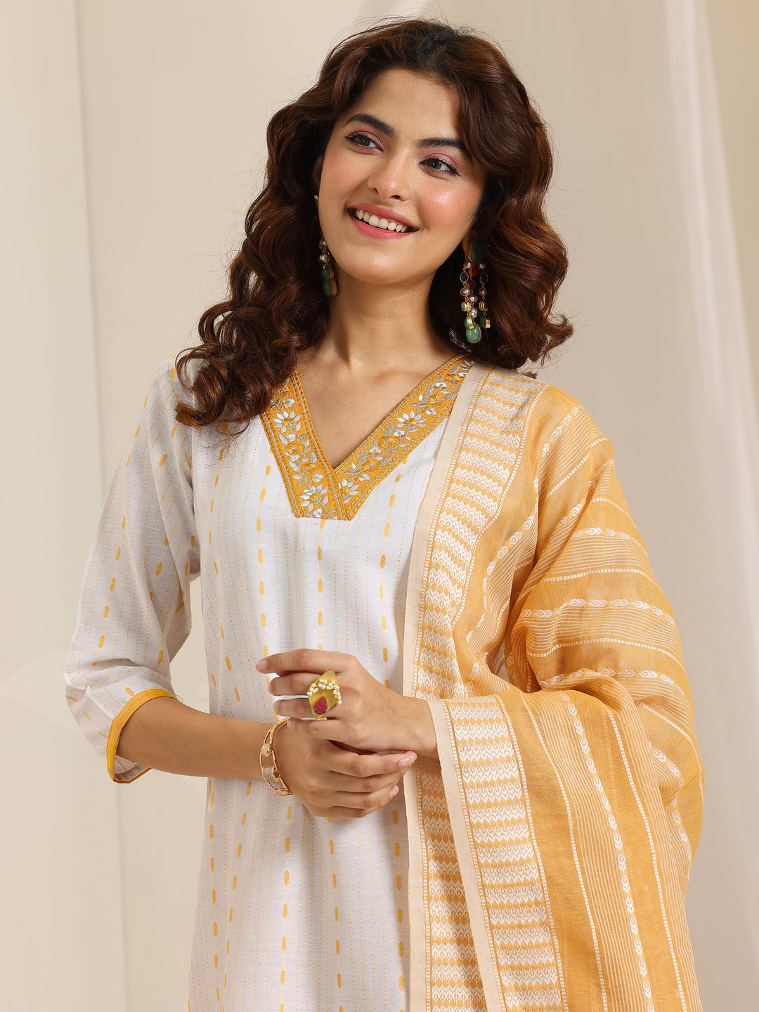 White Woven Design Cotton Blend Straight Suit Set With Dupatta