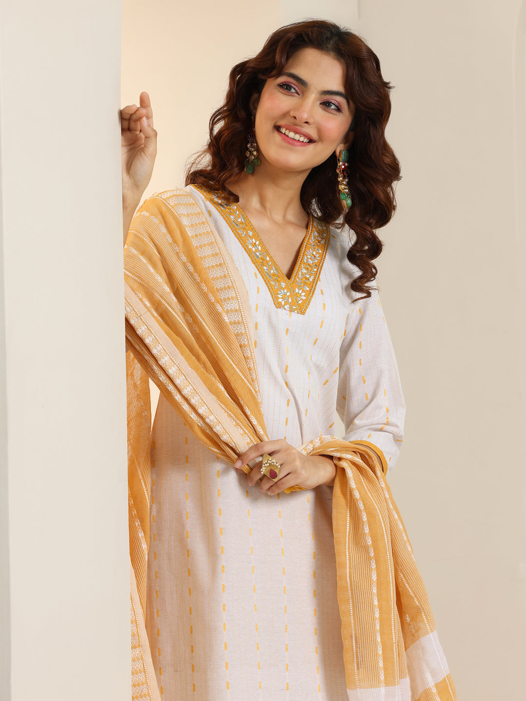 White Woven Design Cotton Blend Straight Suit Set With Dupatta