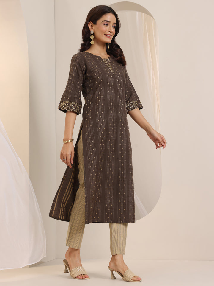 Brown Woven Design Cotton Blend Straight Suit Set With Dupatta