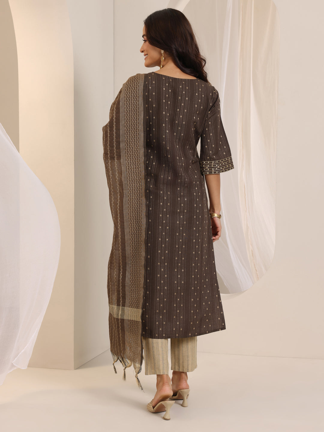 Brown Woven Design Cotton Blend Straight Suit Set With Dupatta
