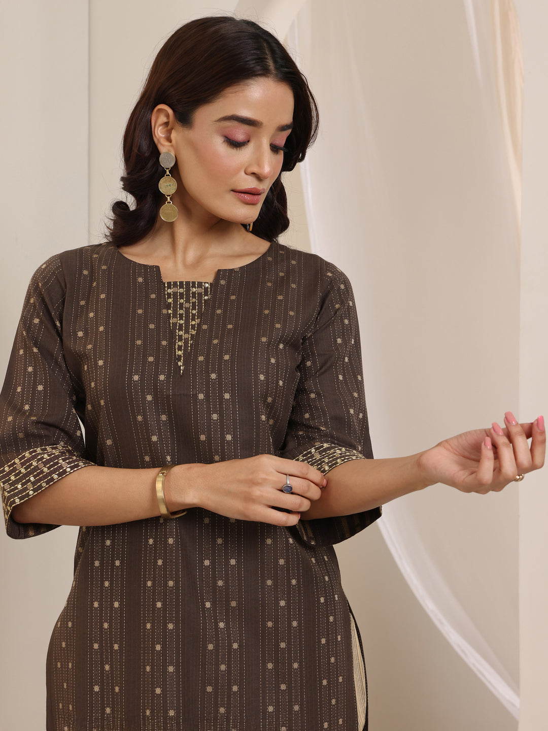 Brown Woven Design Cotton Blend Straight Suit Set With Dupatta