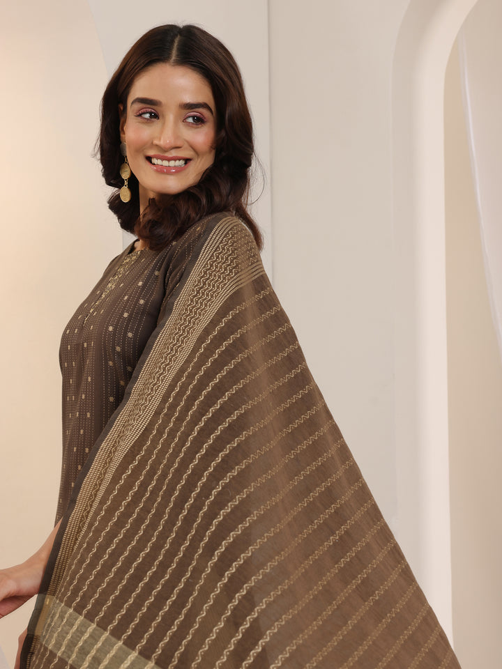 Brown Woven Design Cotton Blend Straight Suit Set With Dupatta