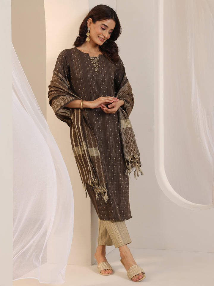 Brown Woven Design Cotton Blend Straight Suit Set With Dupatta