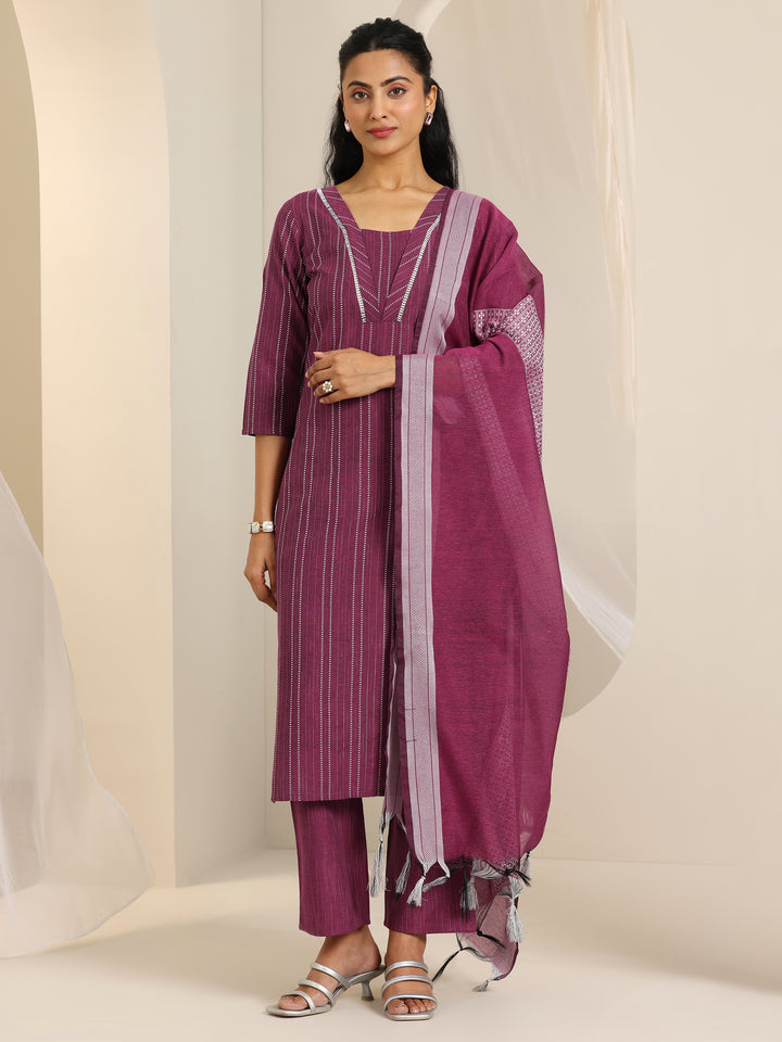 Magenta Woven Design Cotton Blend Straight Suit Set With Dupatta