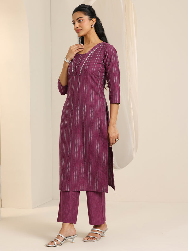 Magenta Woven Design Cotton Blend Straight Suit Set With Dupatta