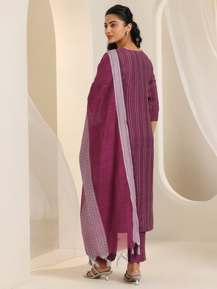 Magenta Woven Design Cotton Blend Straight Suit Set With Dupatta