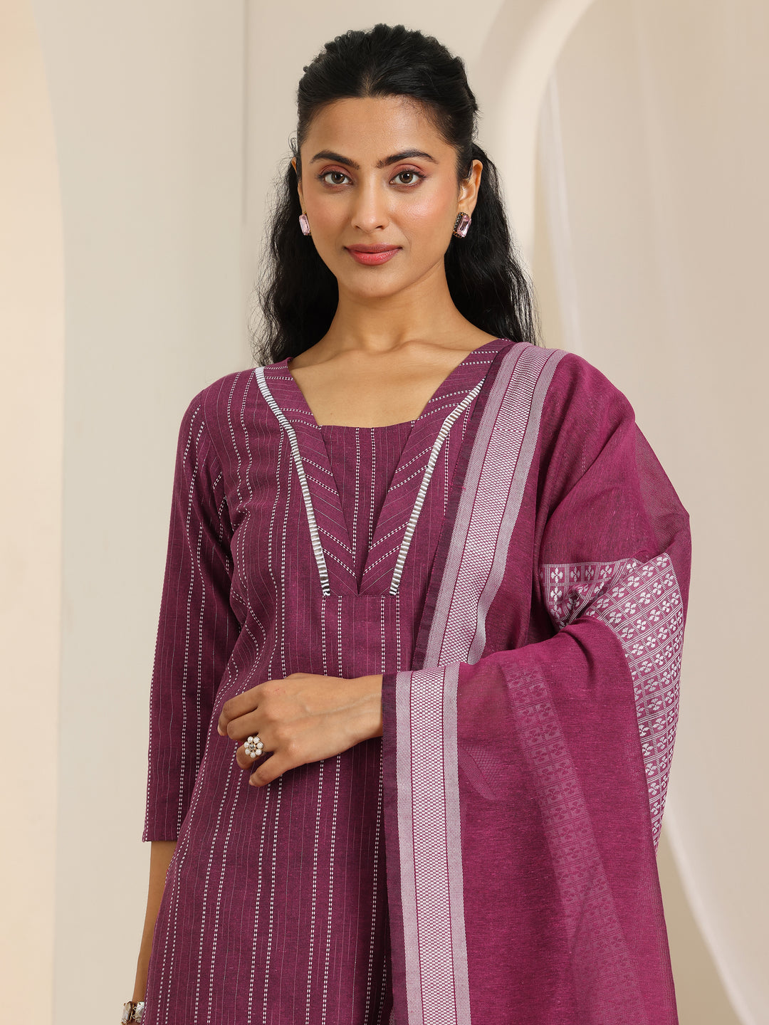 Magenta Woven Design Cotton Blend Straight Suit Set With Dupatta