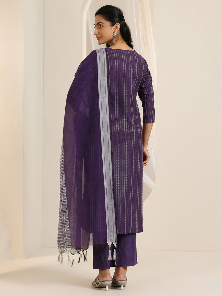 Wine Woven Design Cotton Blend Straight Suit Set With Dupatta