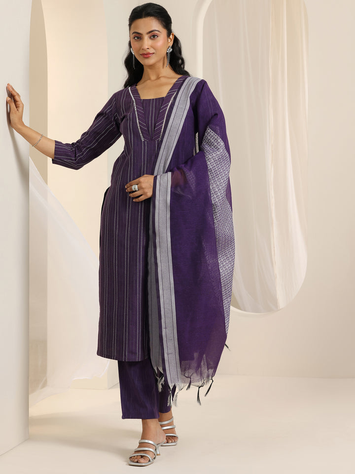 Wine Woven Design Cotton Blend Straight Suit Set With Dupatta