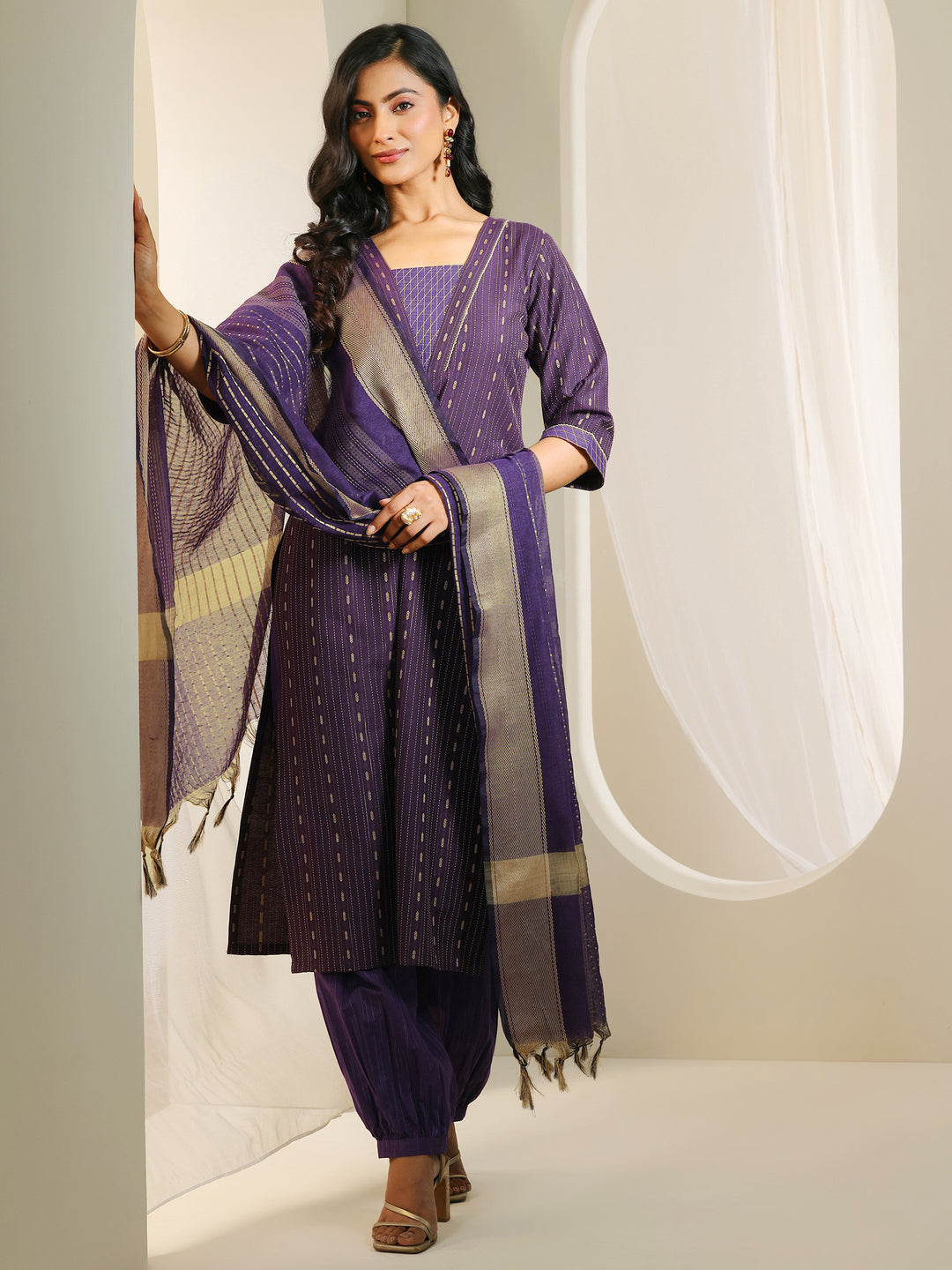 Wine Woven Design Cotton Blend Straight Suit Set With Dupatta