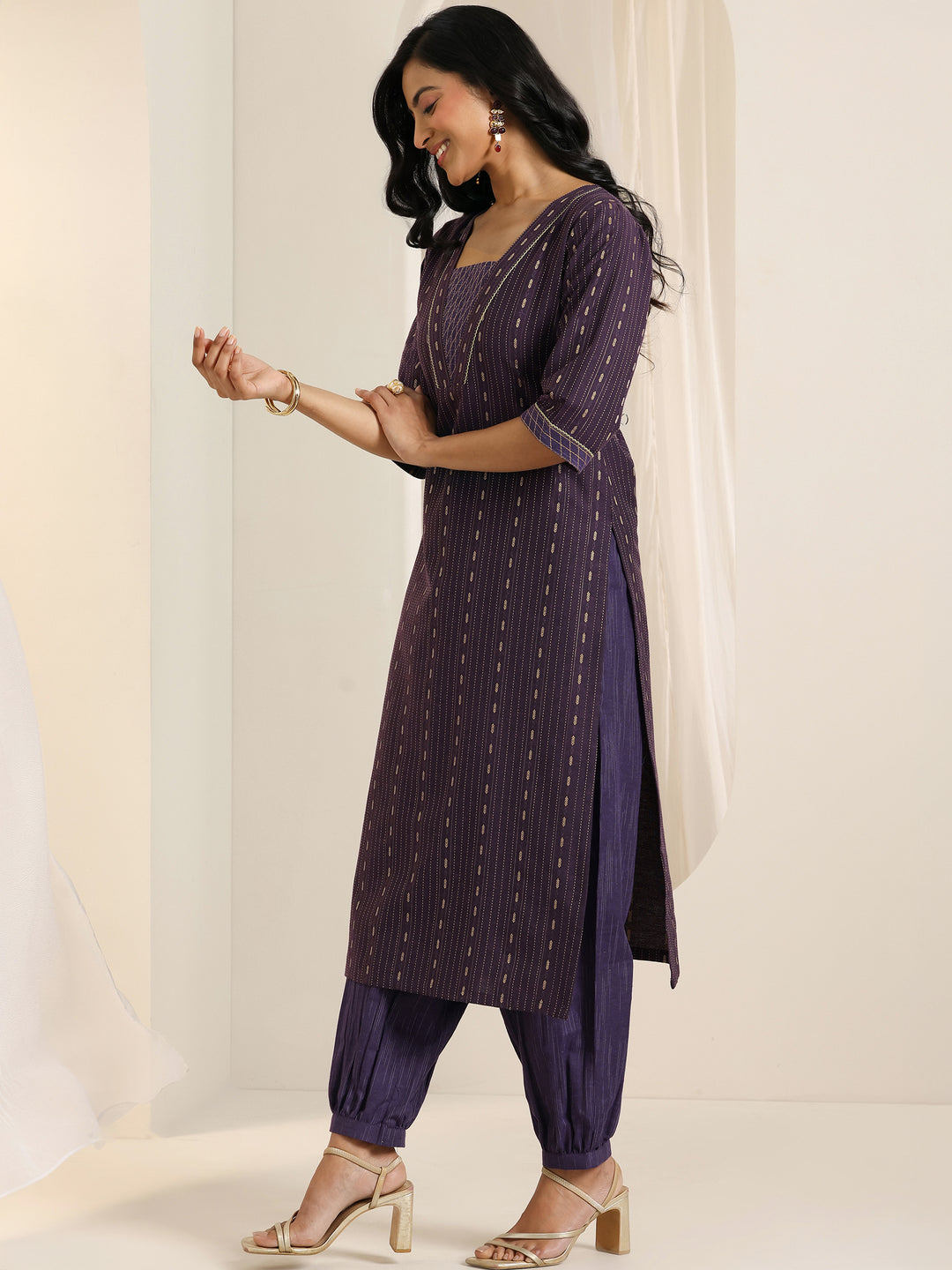 Wine Woven Design Cotton Blend Straight Suit Set With Dupatta
