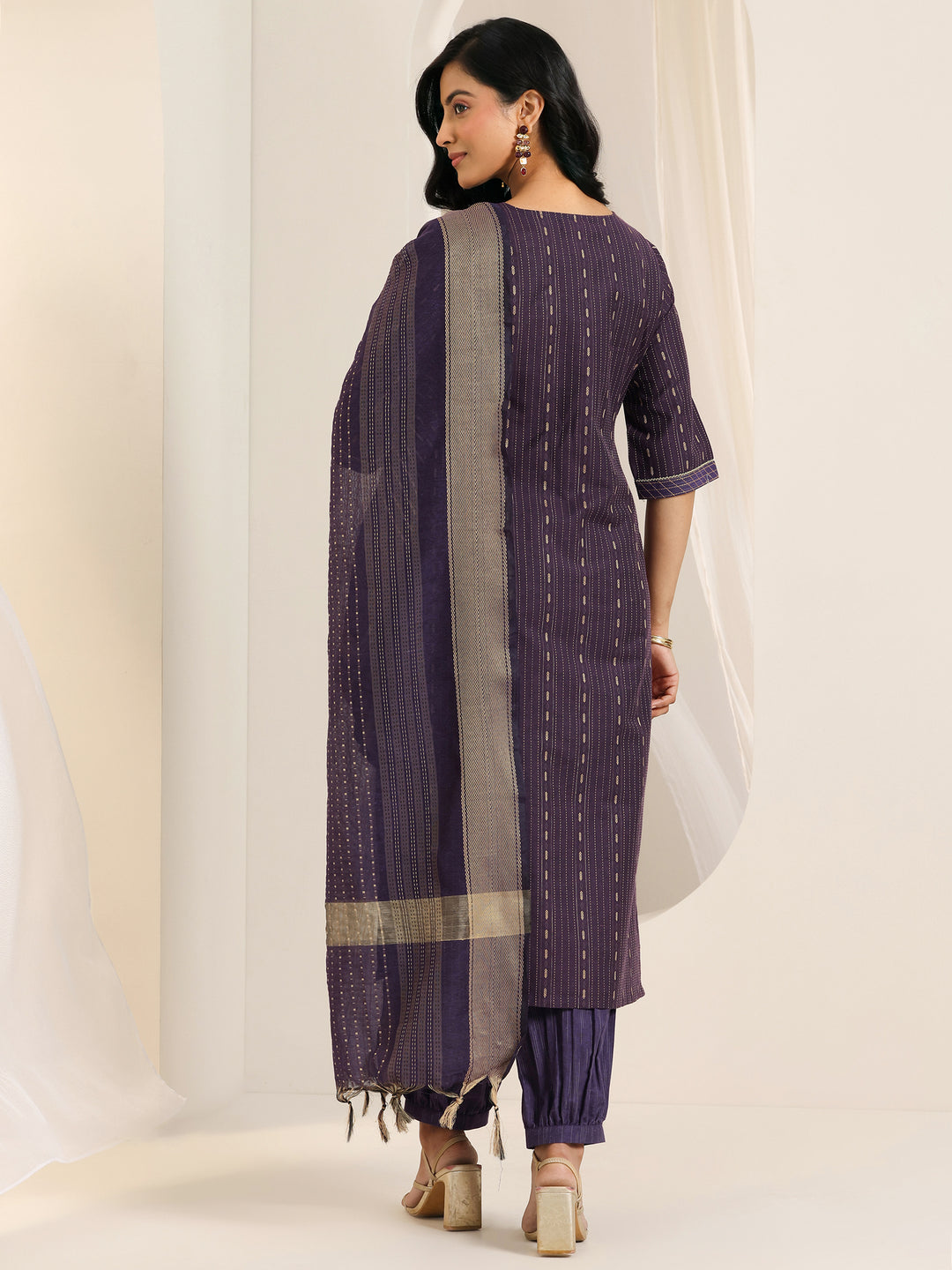 Wine Woven Design Cotton Blend Straight Suit Set With Dupatta