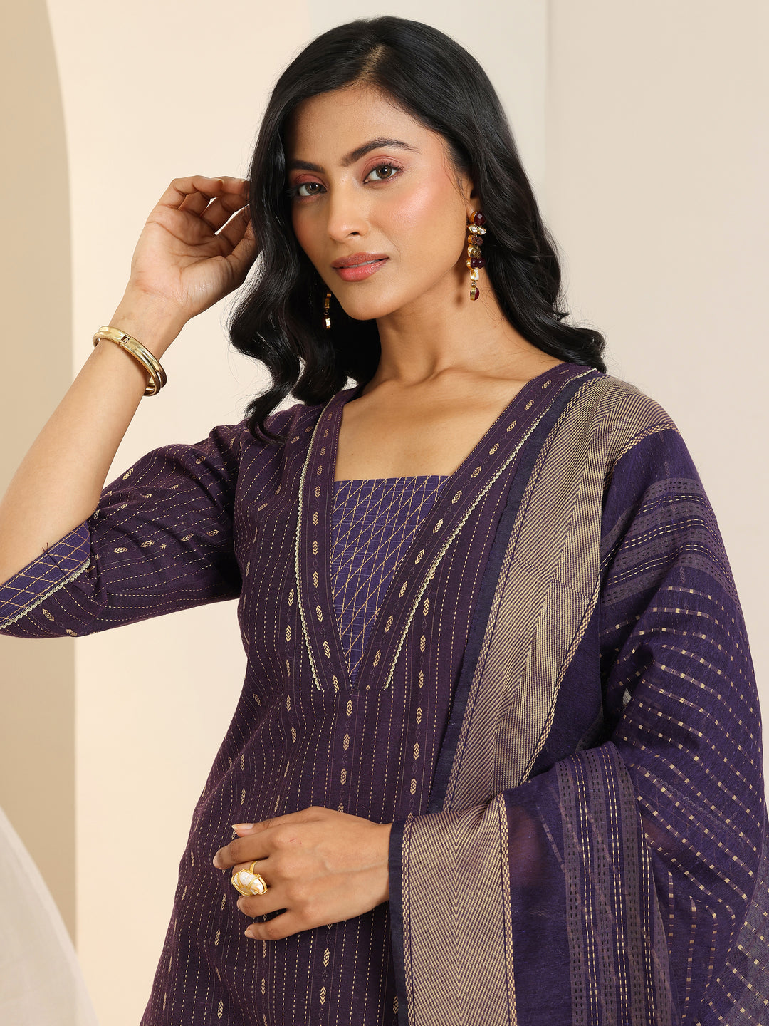 Wine Woven Design Cotton Blend Straight Suit Set With Dupatta