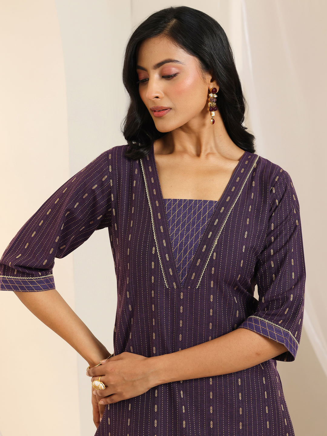 Wine Woven Design Cotton Blend Straight Suit Set With Dupatta