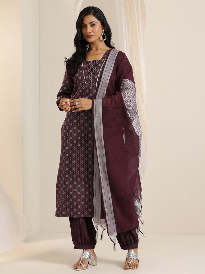 Maroon Woven Design Cotton Blend Straight Suit Set With Dupatta