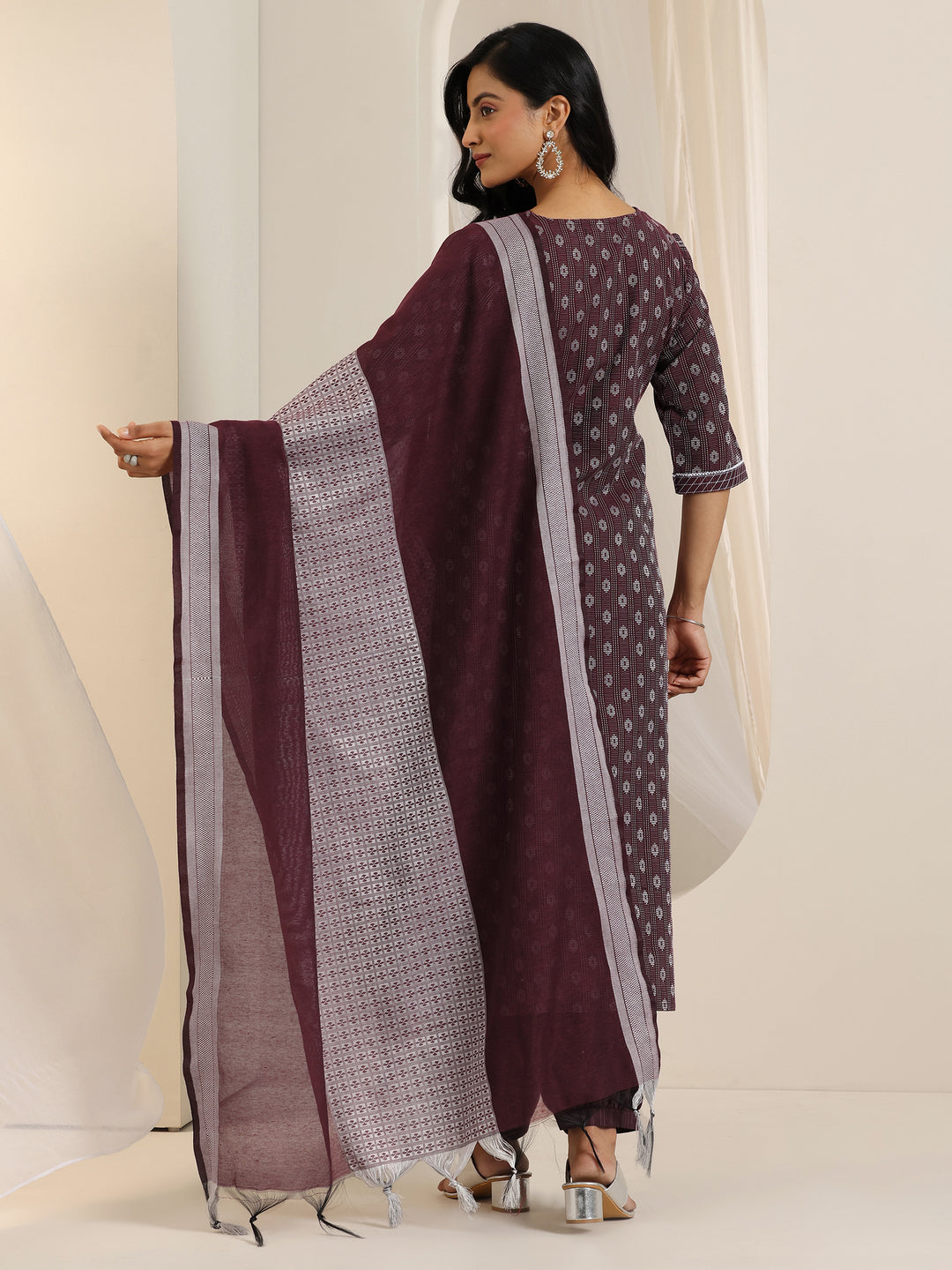 Maroon Woven Design Cotton Blend Straight Suit Set With Dupatta
