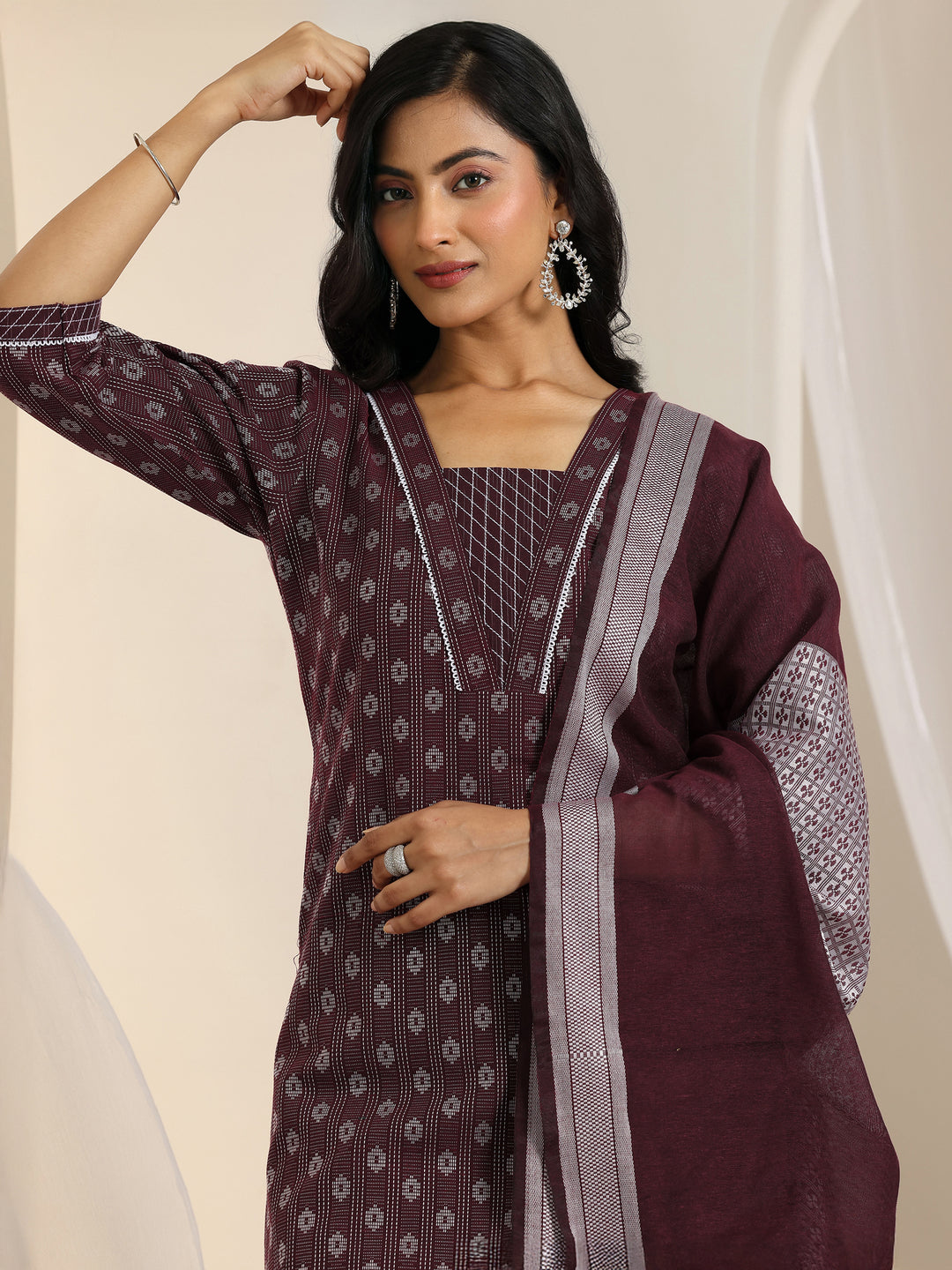 Maroon Woven Design Cotton Blend Straight Suit Set With Dupatta