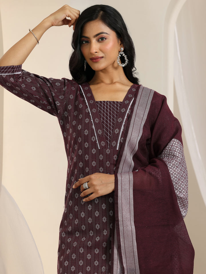Maroon Woven Design Cotton Blend Straight Suit Set With Dupatta