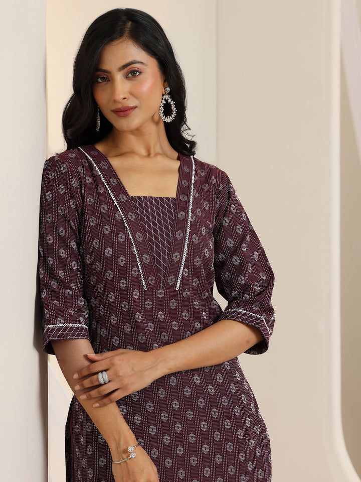 Maroon Woven Design Cotton Blend Straight Suit Set With Dupatta