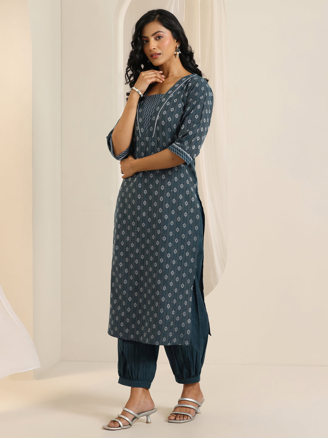 Teal Woven Design Cotton Blend Straight Suit Set With Dupatta