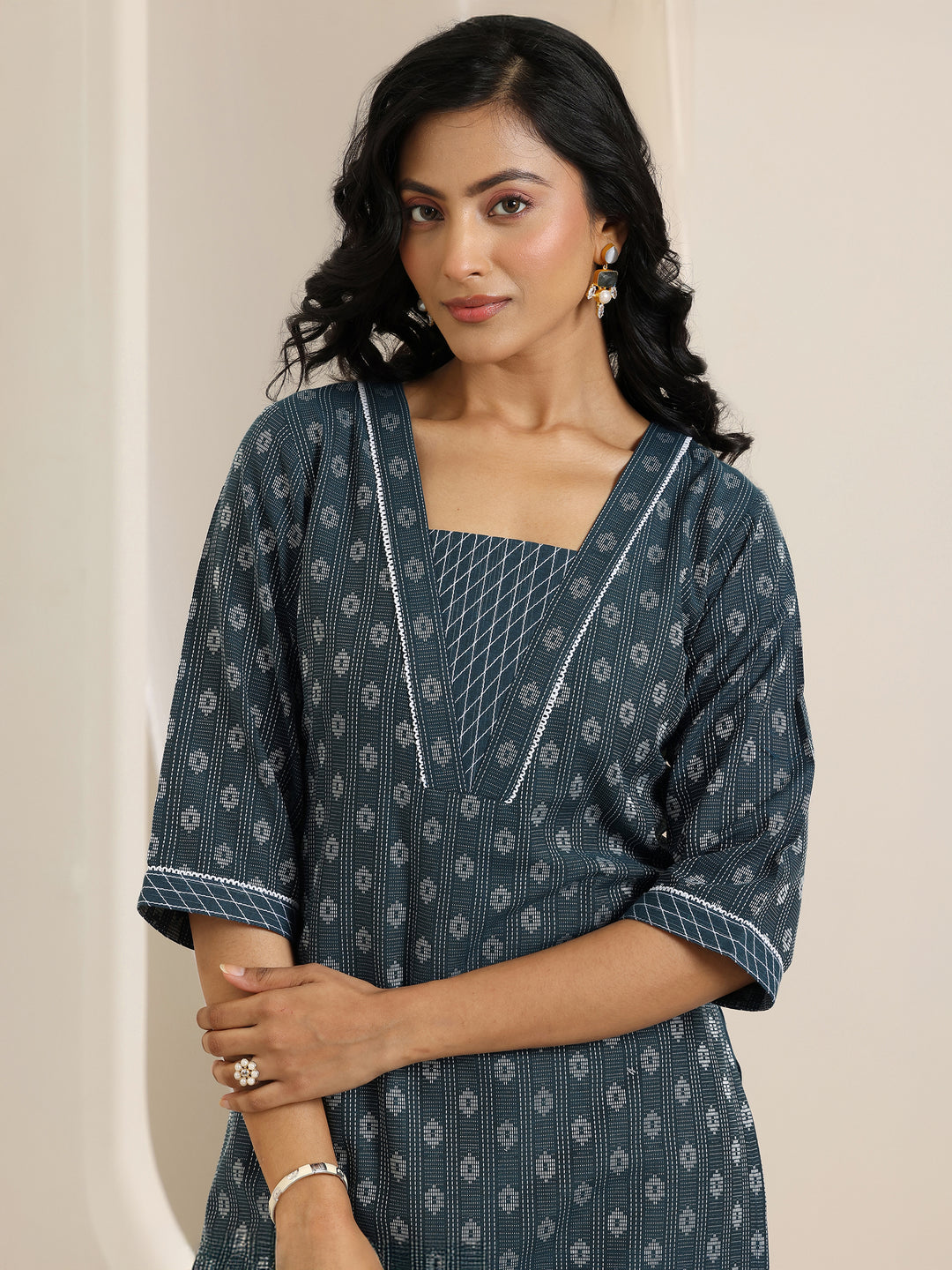 Teal Woven Design Cotton Blend Straight Suit Set With Dupatta