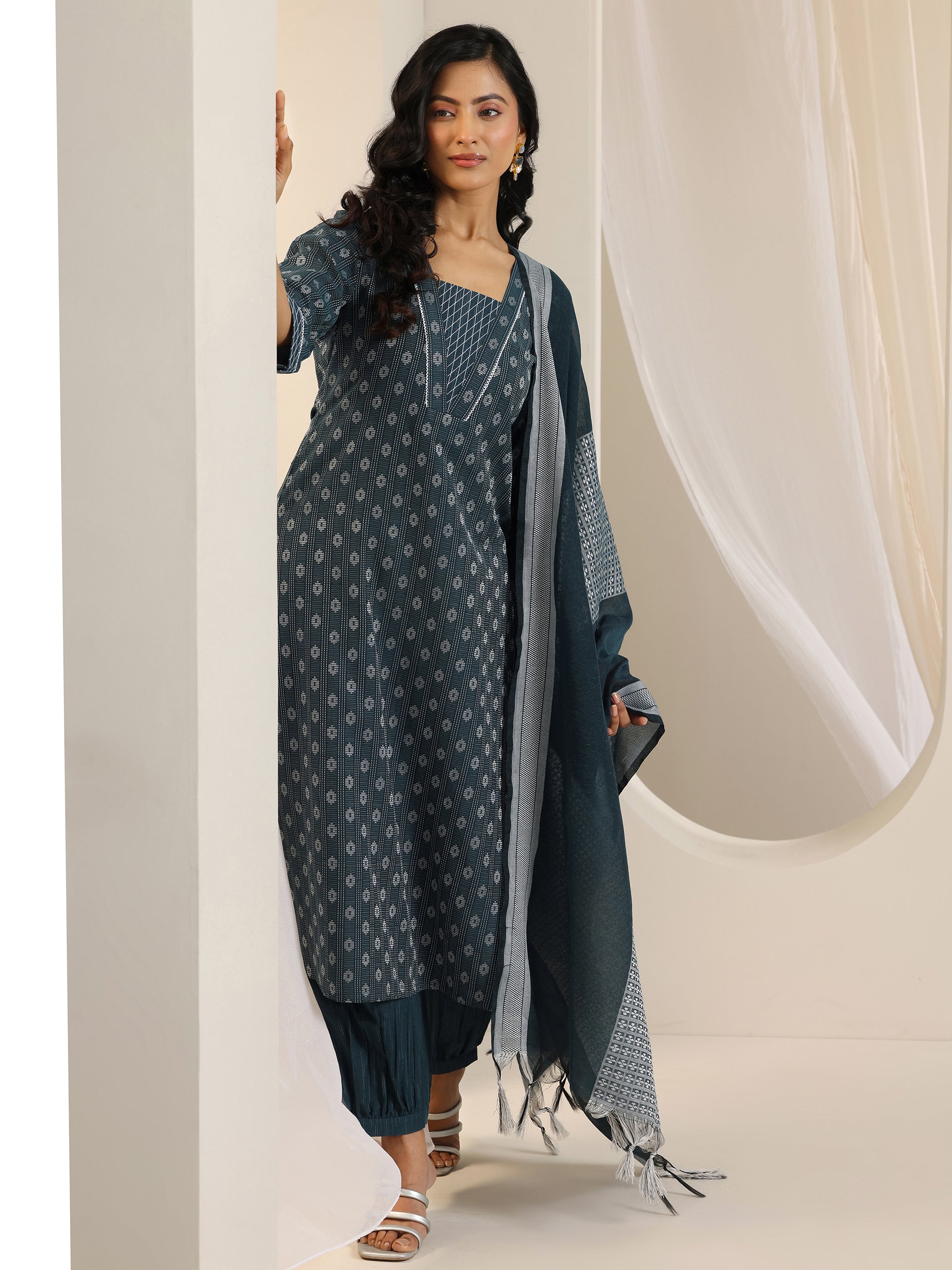 Plus Size Blue Woven Design Cotton Blend Straight Suit Set With Dupatta