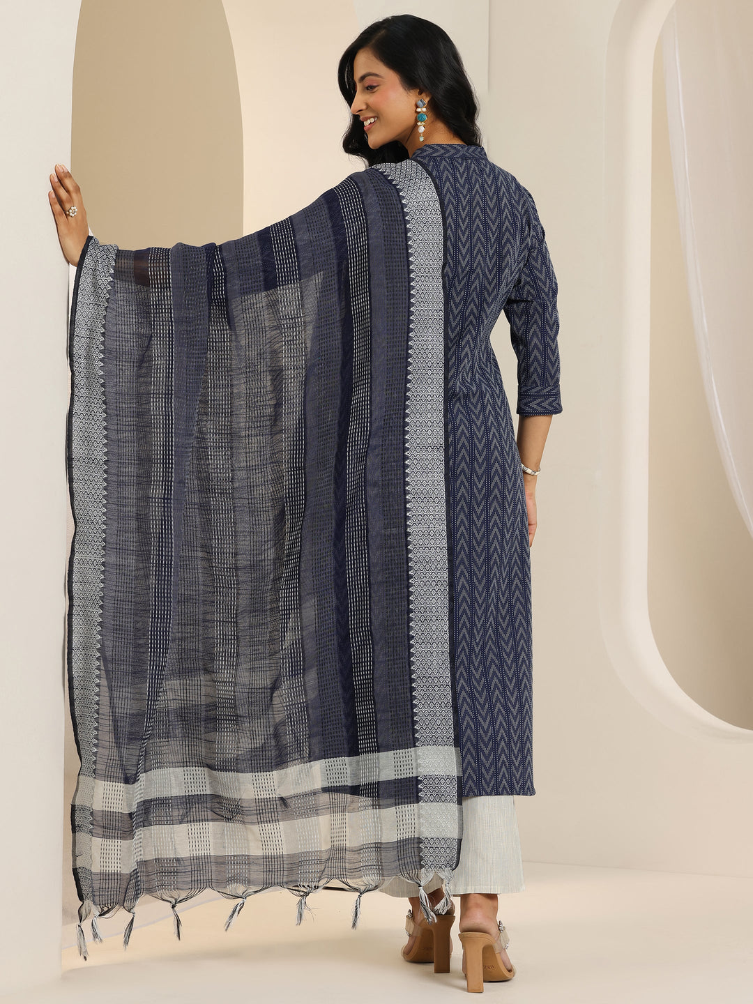 Blue Woven Design Cotton Blend Straight Suit Set With Dupatta