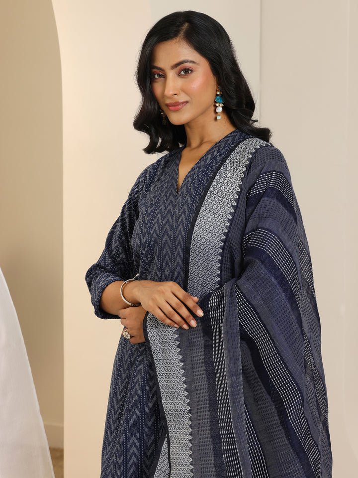 Blue Woven Design Cotton Blend Straight Suit Set With Dupatta