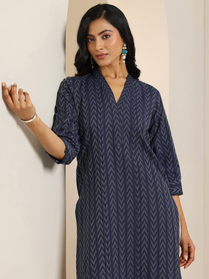 Blue Woven Design Cotton Blend Straight Suit Set With Dupatta