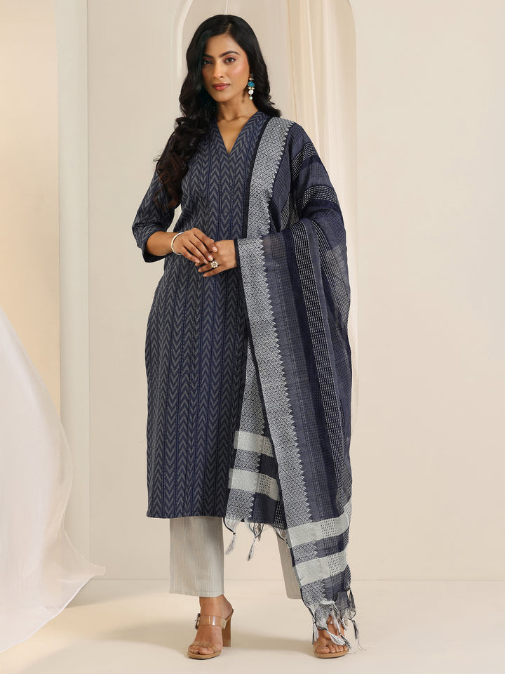 Blue Woven Design Cotton Blend Straight Suit Set With Dupatta
