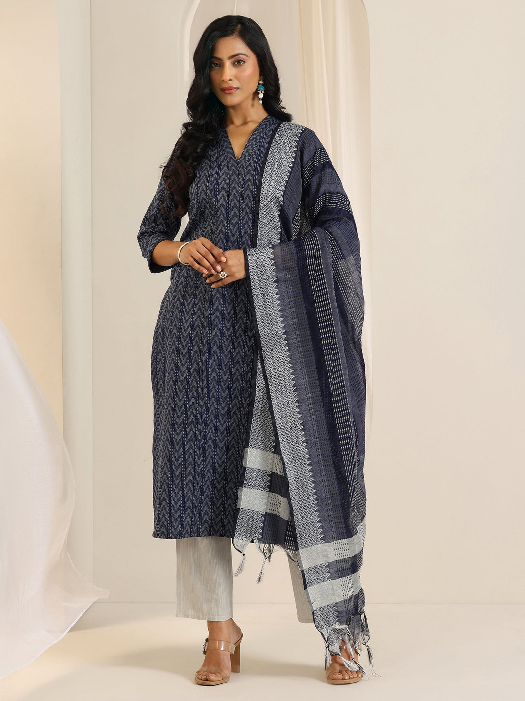 Blue Woven Design Cotton Blend Straight Suit Set With Dupatta