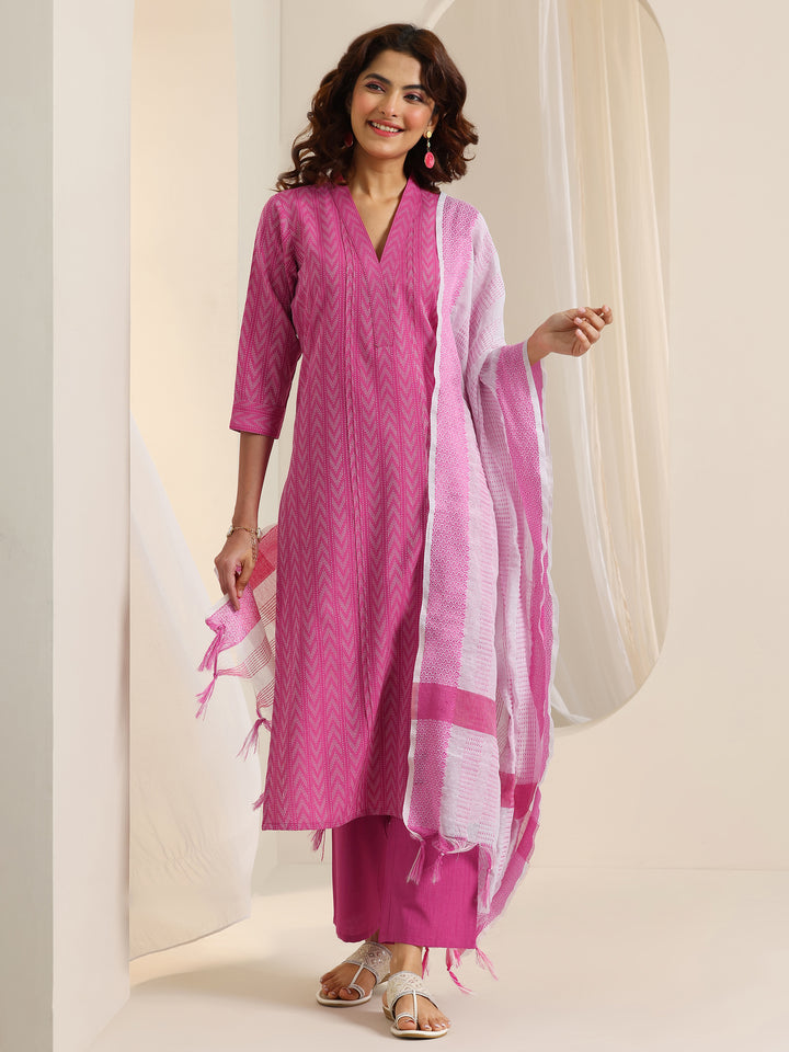 Pink Woven Design Cotton Blend Straight Suit Set With Dupatta