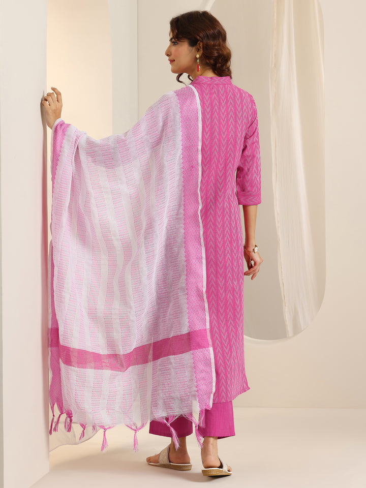 Pink Woven Design Cotton Blend Straight Suit Set With Dupatta
